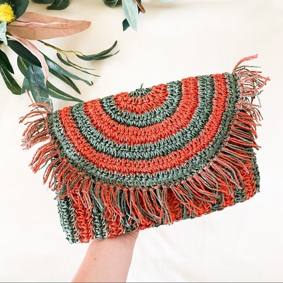 Handcrafted Striped Green Orange Fringe Straw Clutch - Picture 1 of 5